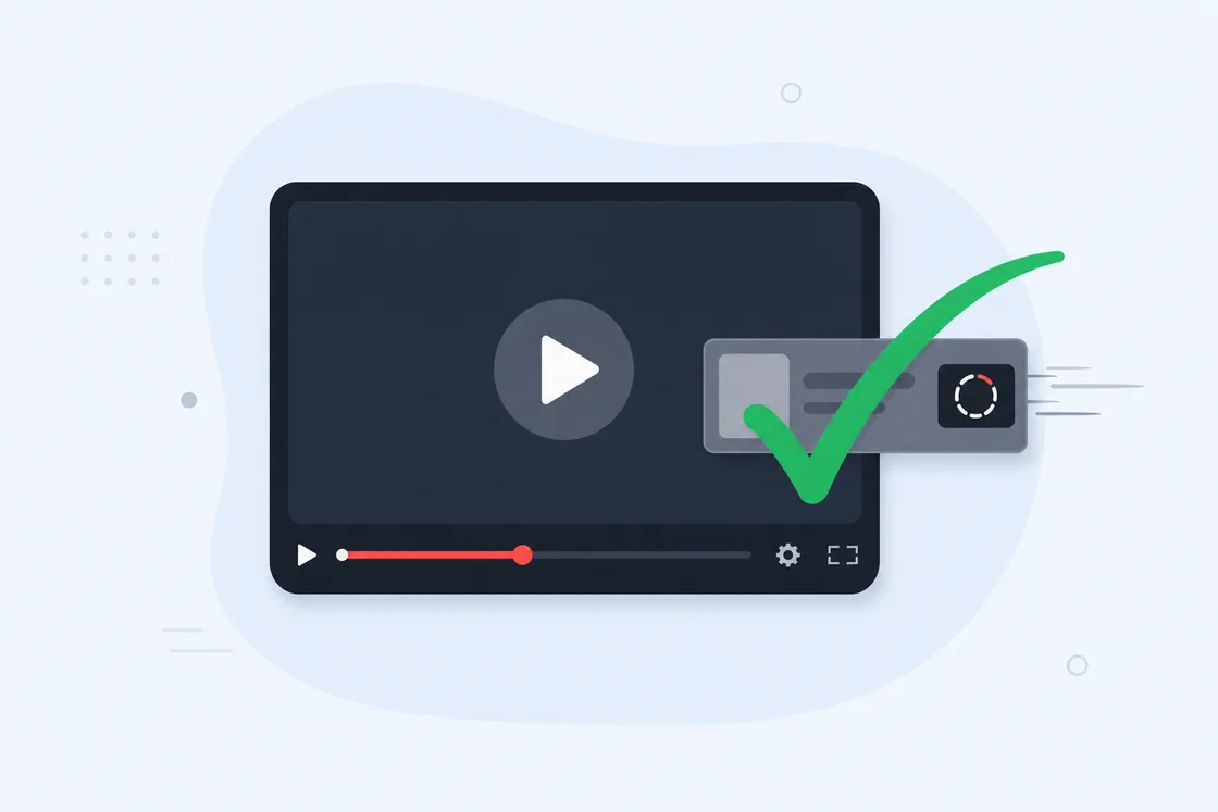 YouTube player with the ad countdown crossed out and a green checkmark: the video plays right away